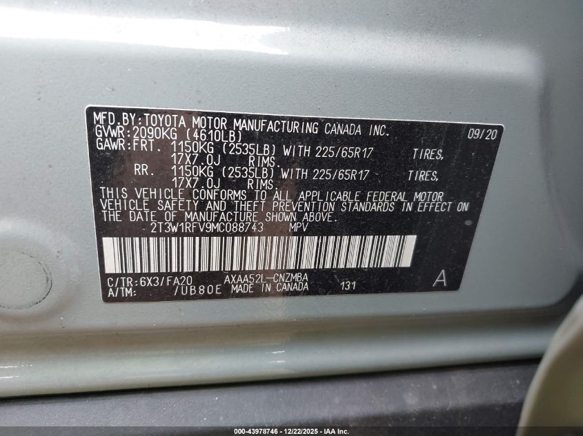 2021 Toyota Rav4 Xle VIN: 2T3W1RFV9MC088743 Lot: 43978746