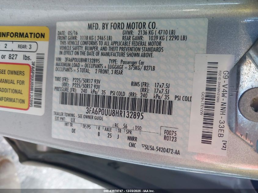 2017 Ford Fusion Hybrid S VIN: 3FA6P0UU8HR132895 Lot: 43978747