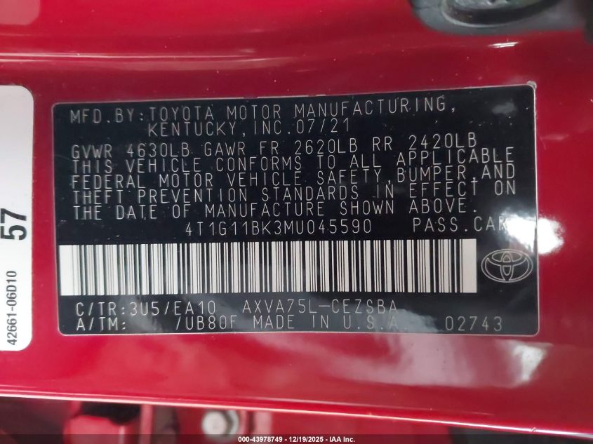 2021 Toyota Camry Se Awd VIN: 4T1G11BK3MU045590 Lot: 43978749