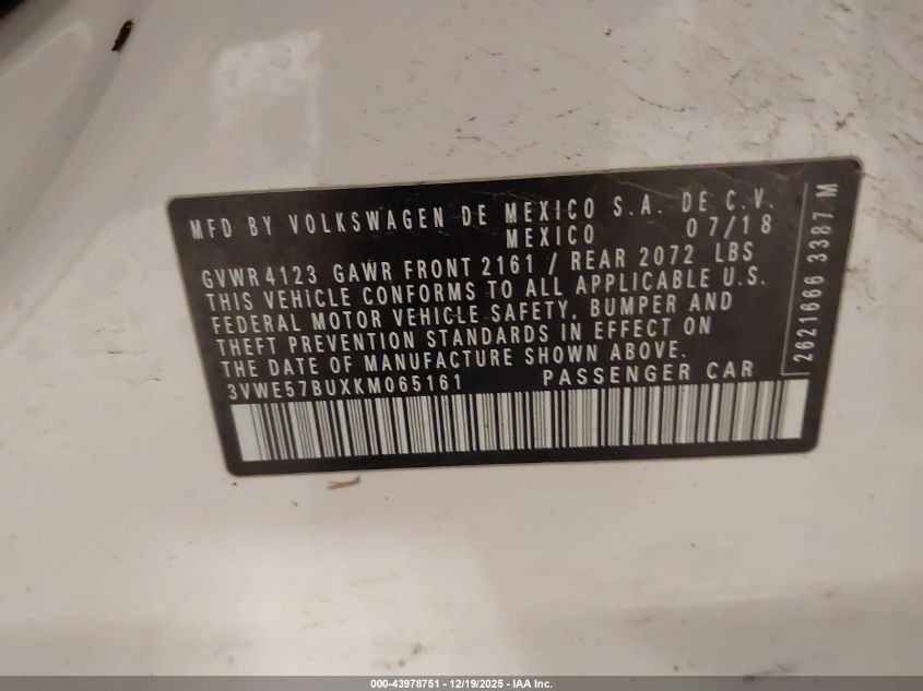 2019 Volkswagen Jetta 1.4T Sel VIN: 3VWE57BUXKM065161 Lot: 43978751