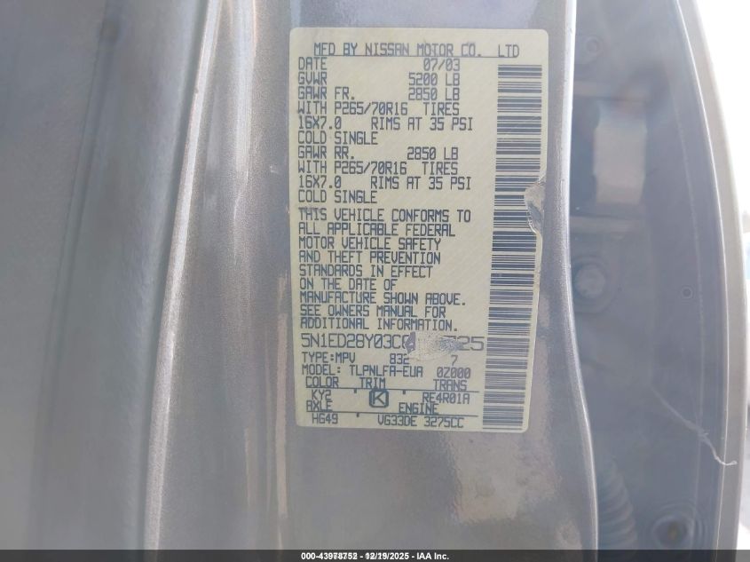 2003 Nissan Xterra Se VIN: 5N1ED28Y03C684725 Lot: 43978752