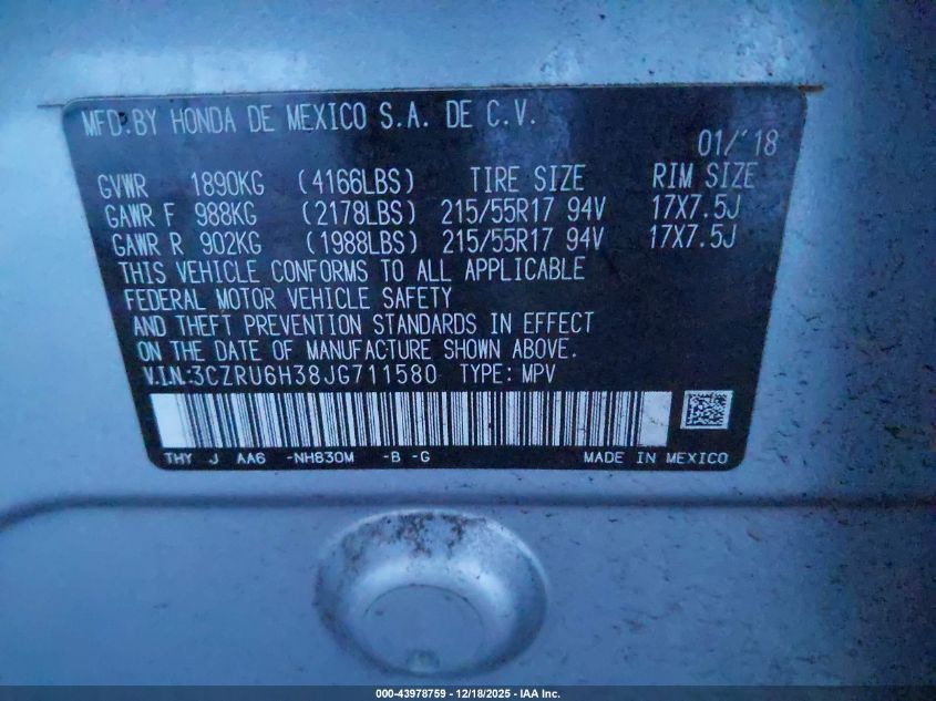 2018 Honda Hr-V Lx VIN: 3CZRU6H38JG711580 Lot: 43978759