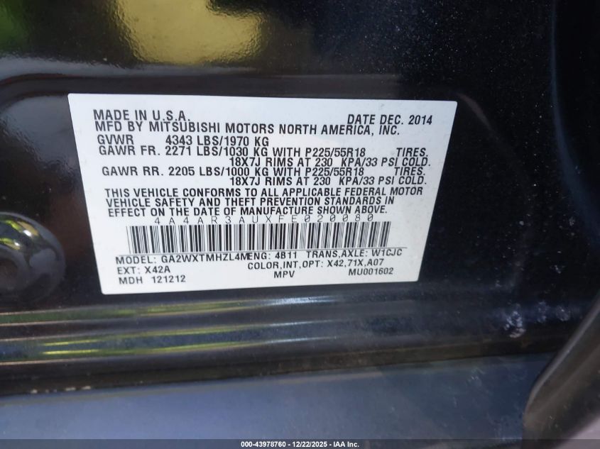 2015 Mitsubishi Outlander Sport Es VIN: 4A4AR3AUXFE020080 Lot: 43978760