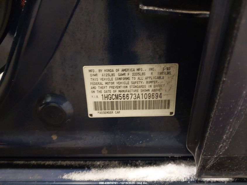 2003 Honda Accord 2.4 Ex VIN: 1HGCM56673A109694 Lot: 43978761