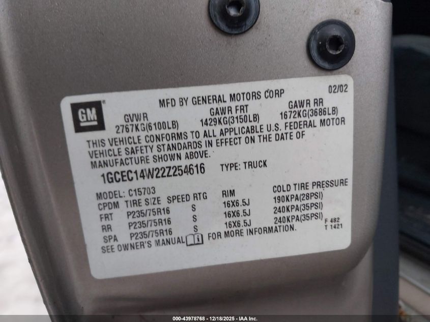 2002 Chevrolet Silverado 1500 VIN: 1GCEC14W22Z254616 Lot: 43978768