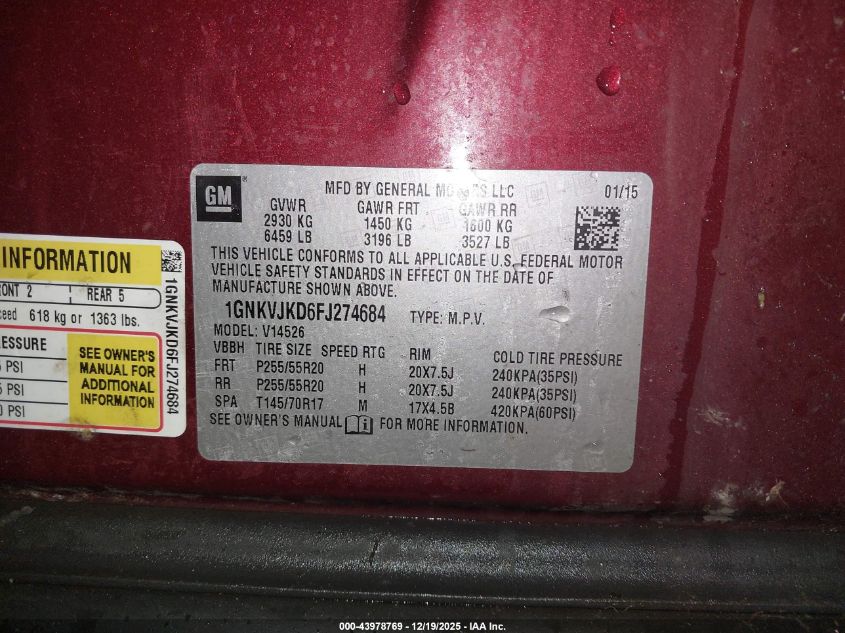 2015 Chevrolet Traverse Ltz VIN: 1GNKVJKD6FJ274684 Lot: 43978769