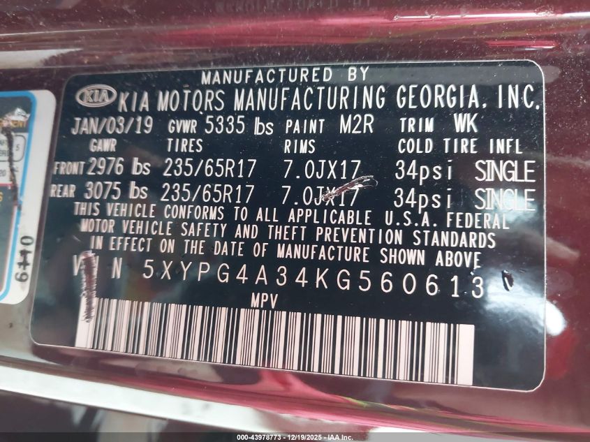 2019 Kia Sorento 2.4L Lx VIN: 5XYPG4A34KG560613 Lot: 43978773