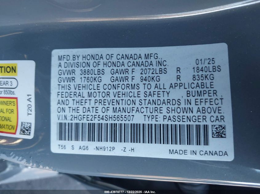 2025 Honda Civic Sport VIN: 2HGFE2F54SH565507 Lot: 43978777
