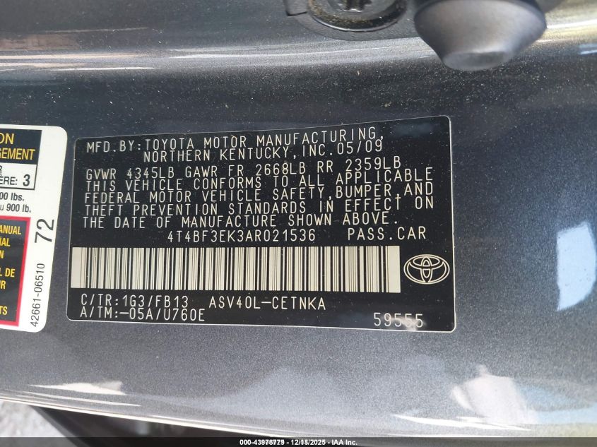 2010 Toyota Camry Le VIN: 4T4BF3EK3AR021536 Lot: 43978779