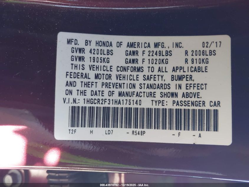 2017 Honda Accord Lx VIN: 1HGCR2F31HA175140 Lot: 43978782