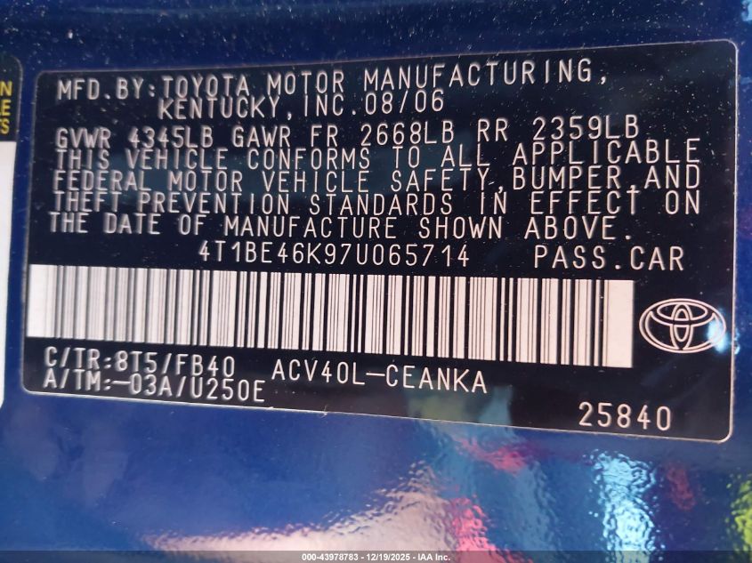 2007 Toyota Camry Le VIN: 4T1BE46K97U065714 Lot: 43978783