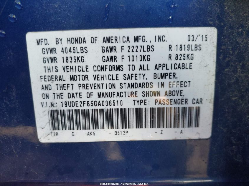 2016 Acura Ilx Premium A-Spec Packages/Technology Plus A-Spec Packages VIN: 19UDE2F85GA006510 Lot: 43978788