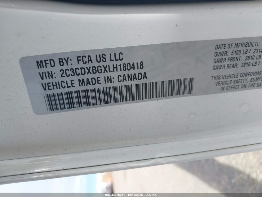 2020 Dodge Charger Sxt Rwd VIN: 2C3CDXBGXLH180418 Lot: 43978791