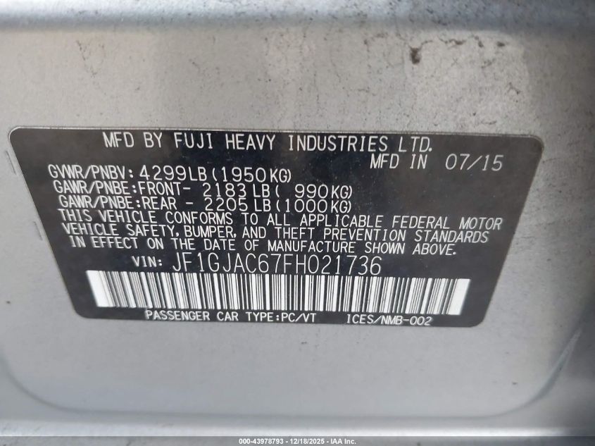 2015 Subaru Impreza 2.0I Premium VIN: JF1GJAC67FH021736 Lot: 43978793