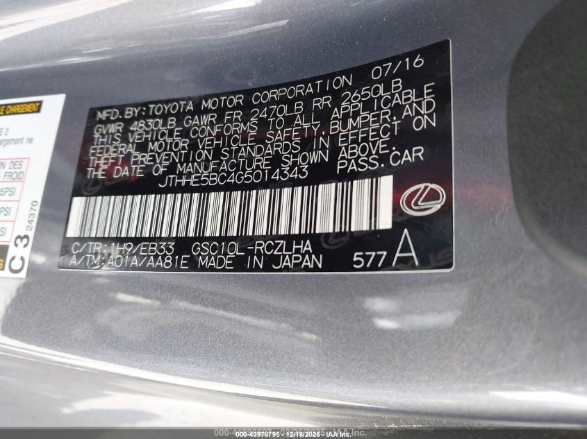 2016 Lexus Rc 350 VIN: JTHHE5BC4G5014343 Lot: 43978795