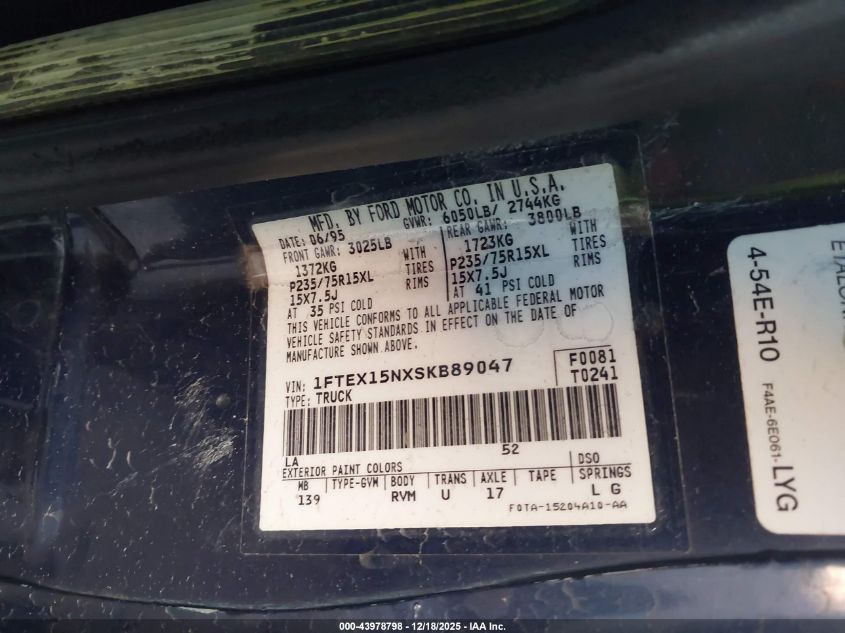 1995 Ford F150 VIN: 1FTEX15NXSKB89047 Lot: 43978798