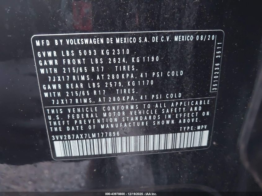 2020 Volkswagen Tiguan 2.0T Se/2.0T Se R-Line Black/2.0T Sel VIN: 3VV2B7AX7LM177896 Lot: 43978800