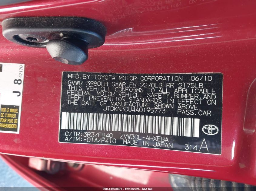 2010 Toyota Prius Iii VIN: JTDKN3DU4A0195773 Lot: 43978801