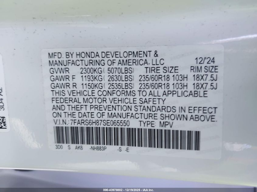 2025 Honda Cr-V Hybrid Sport-L VIN: 7FARS6H87SE065550 Lot: 43978802