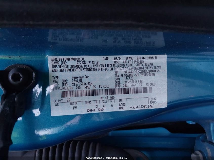 2014 Ford Focus Se VIN: 1FADP3K29EL286035 Lot: 43978803