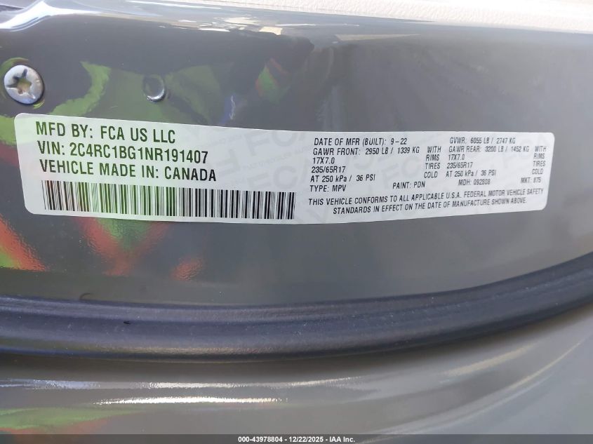 2022 Chrysler Pacifica Touring L VIN: 2C4RC1BG1NR191407 Lot: 43978804