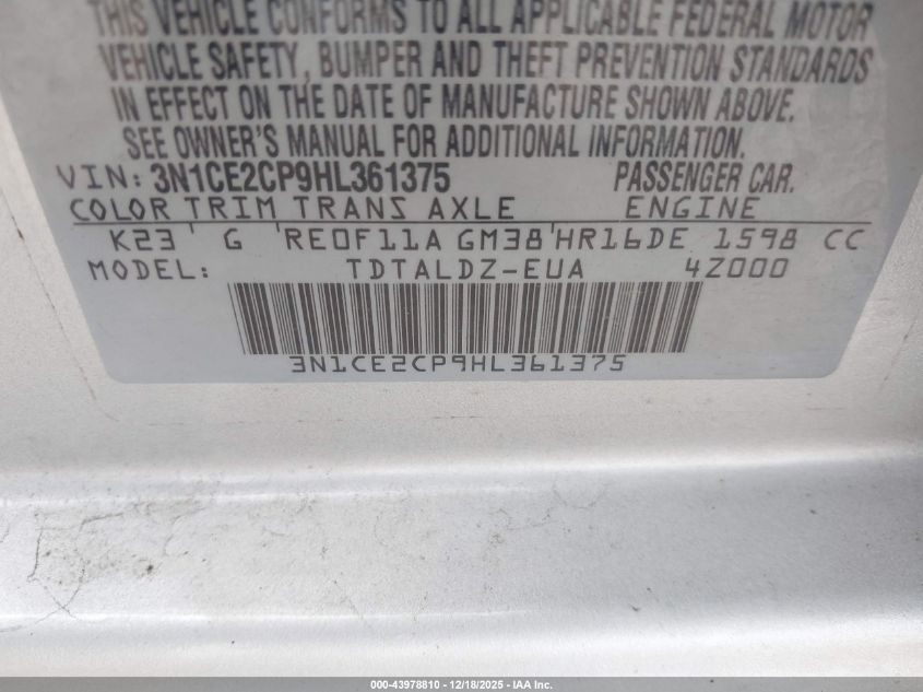 2017 Nissan Versa Note Sv VIN: 3N1CE2CP9HL361375 Lot: 43978810