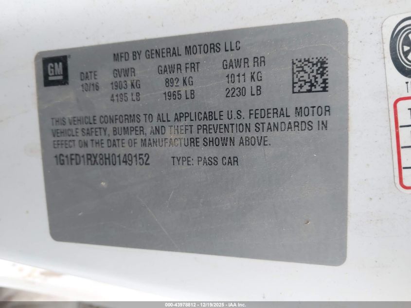 2017 Chevrolet Camaro 2Lt VIN: 1G1FD1RX8H0149152 Lot: 43978812