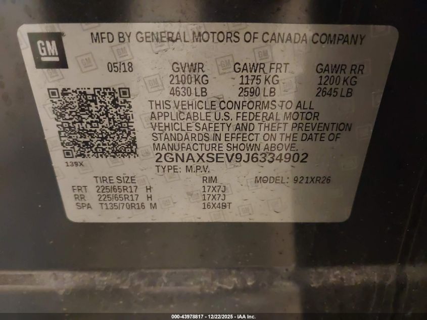 2018 Chevrolet Equinox Lt VIN: 2GNAXSEV9J6334902 Lot: 43978817