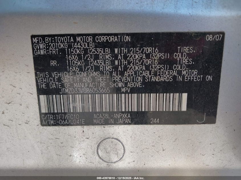 2008 Toyota Rav4 VIN: JTMZD33V086053665 Lot: 43978818