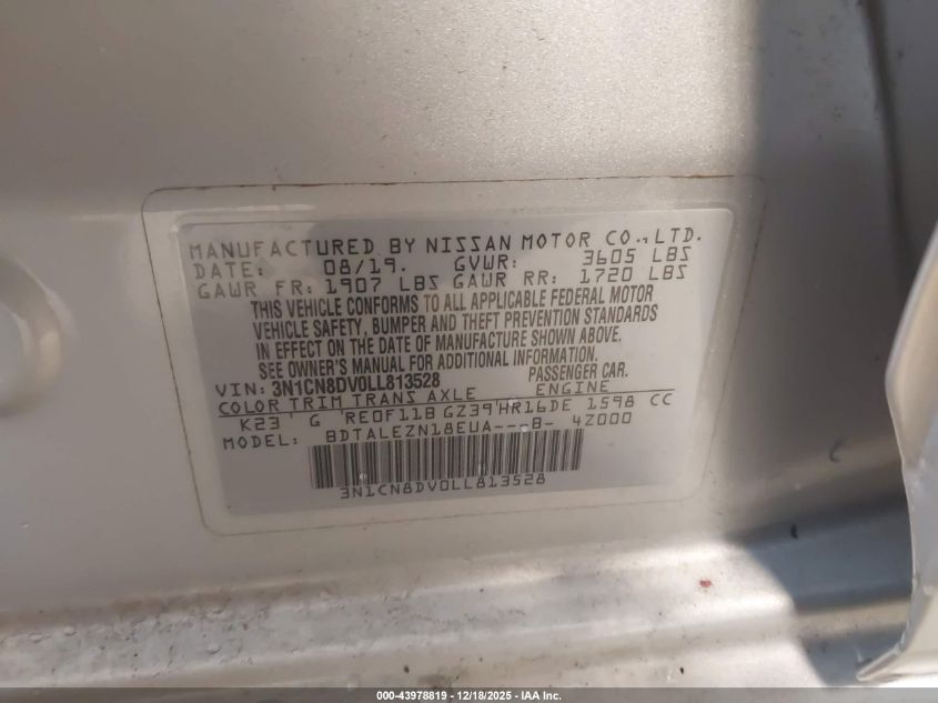 2020 Nissan Versa S Xtronic Cvt VIN: 3N1CN8DV0LL813528 Lot: 43978819