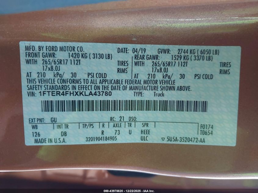 2019 Ford Ranger Lariat VIN: 1FTER4FHXKLA43780 Lot: 43978820