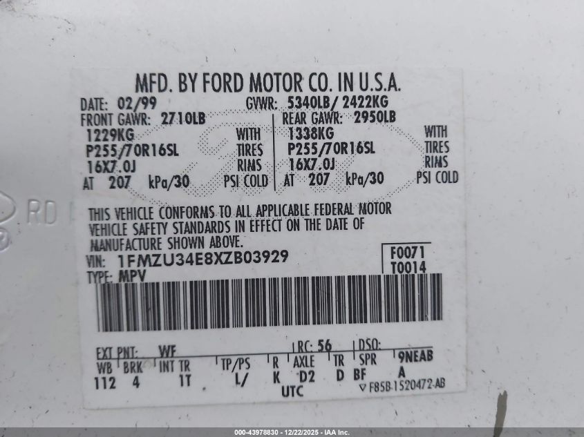 1999 Ford Explorer Eddie Bauer/Limited/Xlt VIN: 1FMZU34E8XZB03929 Lot: 43978830