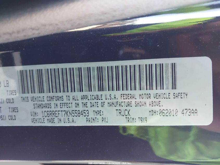 2019 Ram 1500 Big Horn/Lone Star 4X2 5'7 Box VIN: 1C6RREFT7KN558453 Lot: 43978836