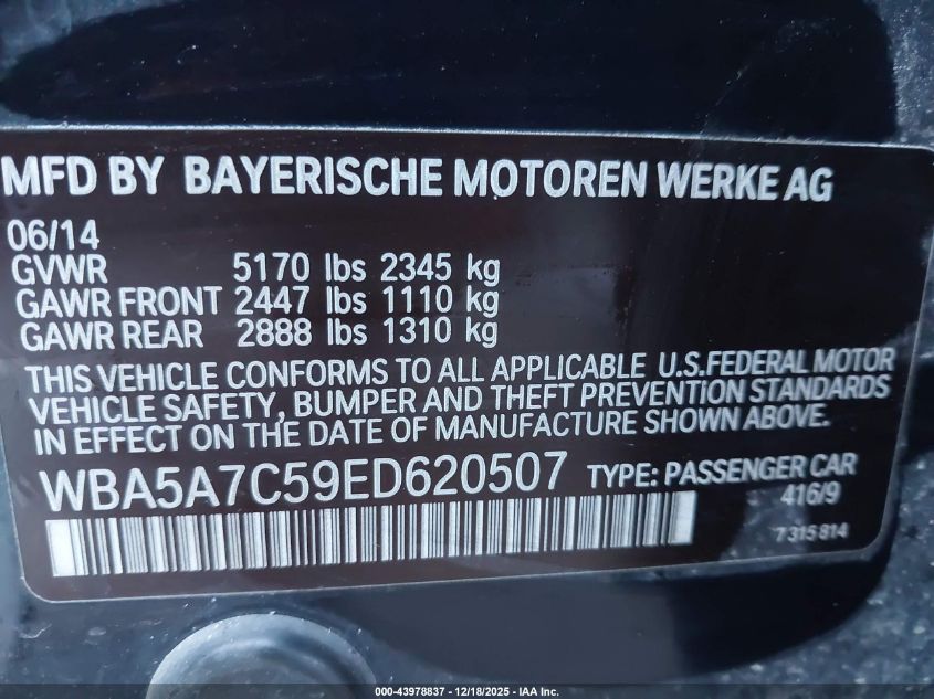 2014 BMW 528I xDrive VIN: WBA5A7C59ED620507 Lot: 43978837