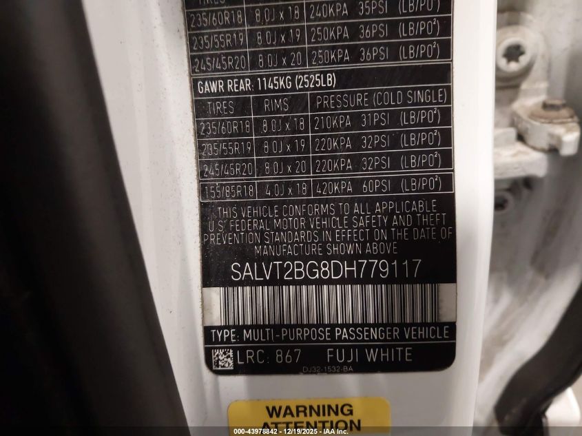 2013 Land Rover Range Rover Evoque Pure VIN: SALVT2BG8DH779117 Lot: 43978842