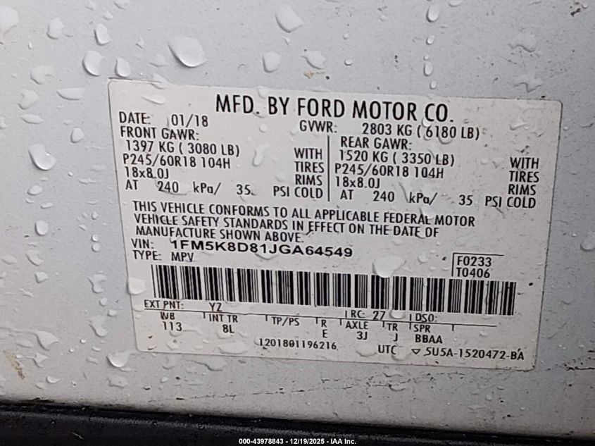 2018 Ford Explorer Xlt VIN: 1FM5K8D81JGA64549 Lot: 43978843