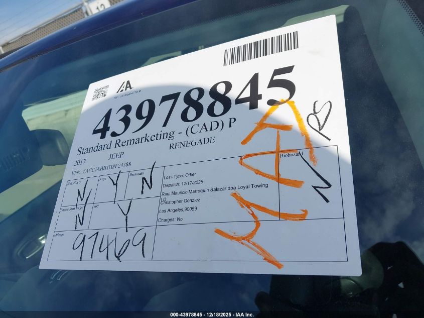 2017 Jeep Renegade Altitude Fwd VIN: ZACCJABB1HPF24388 Lot: 43978845