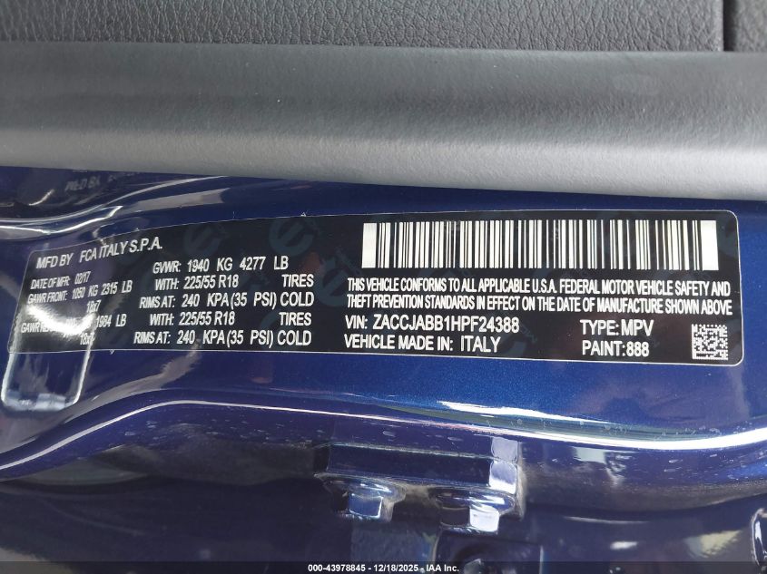 2017 Jeep Renegade Altitude Fwd VIN: ZACCJABB1HPF24388 Lot: 43978845