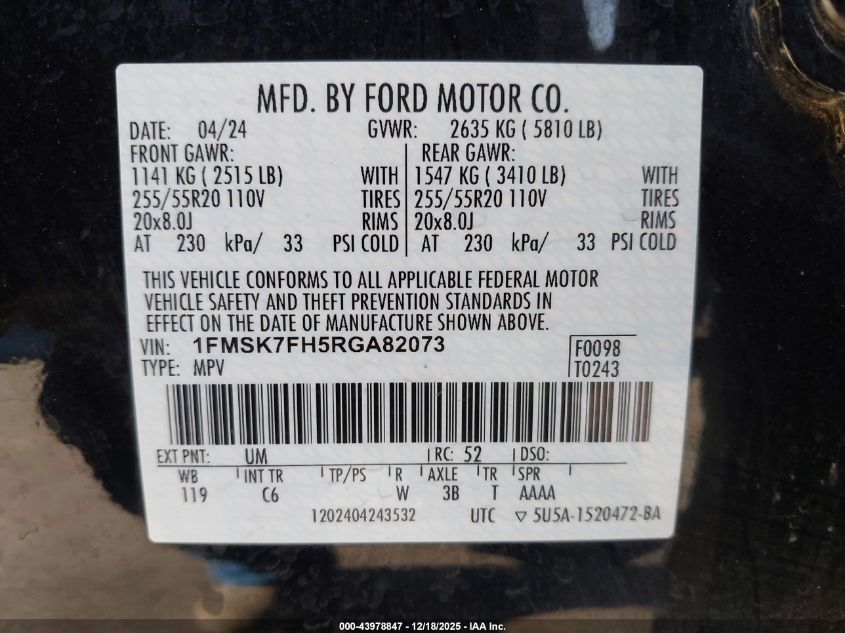 2024 Ford Explorer Limited VIN: 1FMSK7FH5RGA82073 Lot: 43978847