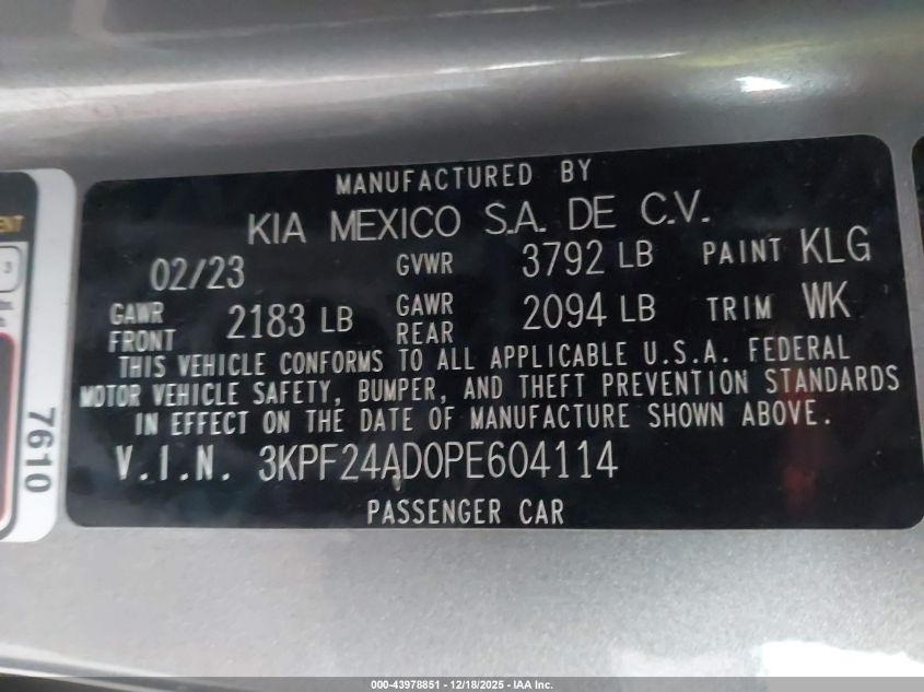 2023 Kia Forte Lxs VIN: 3KPF24AD0PE604114 Lot: 43978851