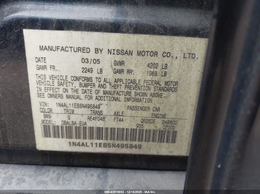 2005 Nissan Altima 2.5 S VIN: 1N4AL11E85N495849 Lot: 43978852