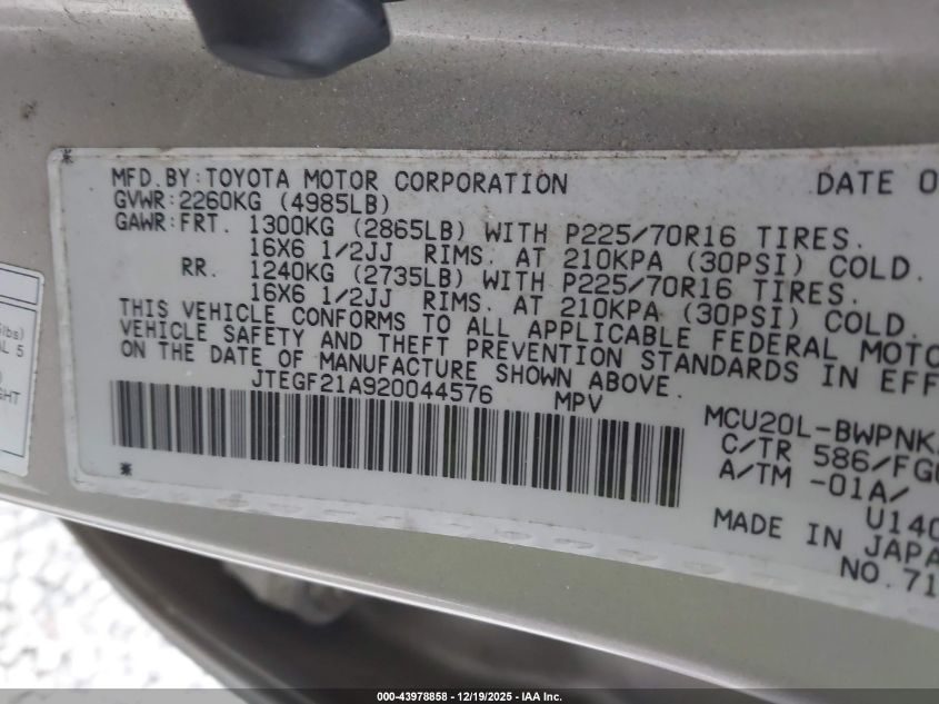 2002 Toyota Highlander V6 VIN: JTEGF21A920044576 Lot: 43978858