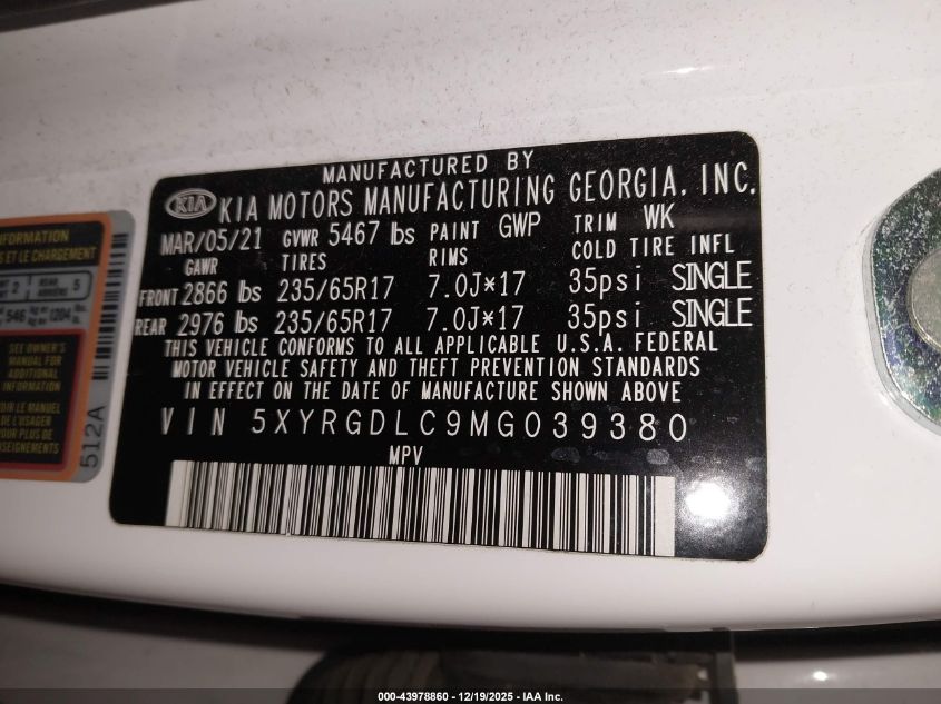 2021 Kia Sorento Lx VIN: 5XYRGDLC9MG039380 Lot: 43978860