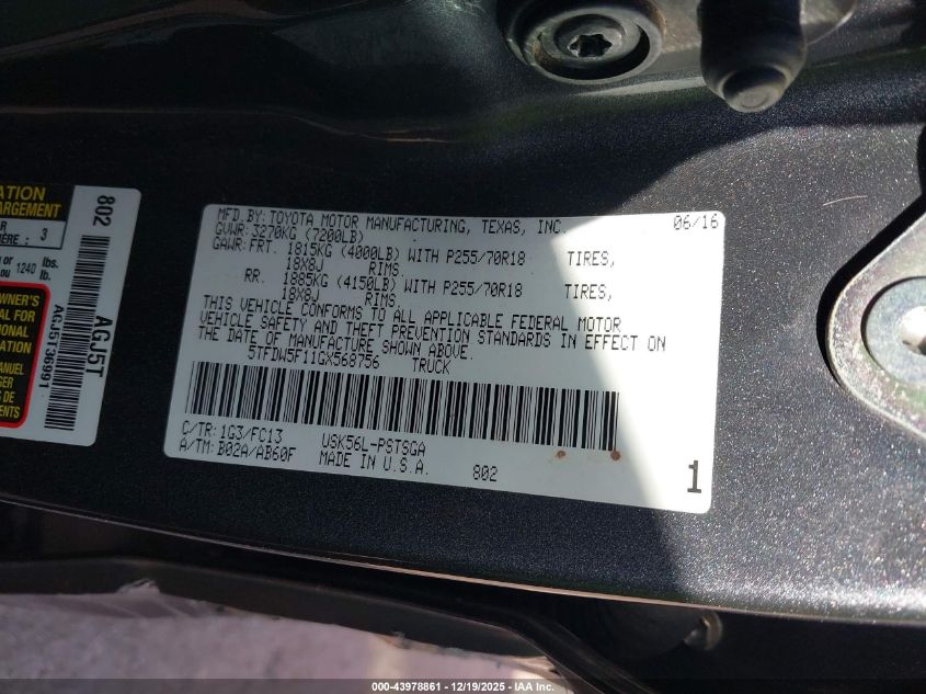 2016 Toyota Tundra Sr5 5.7L V8 VIN: 5TFDW5F11GX568756 Lot: 43978861