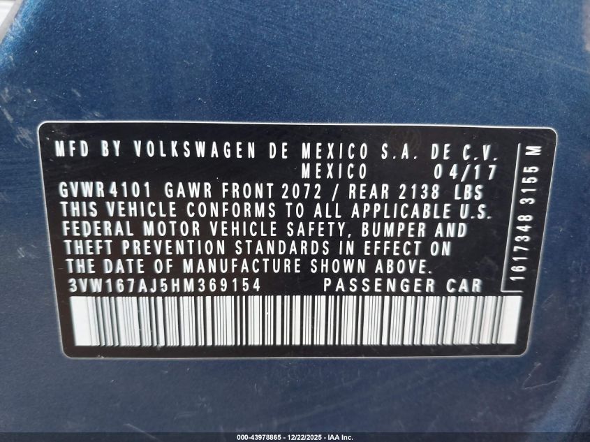 2017 Volkswagen Jetta 1.4T S VIN: 3VW167AJ5HM369154 Lot: 43978865