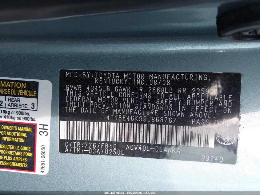 2009 Toyota Camry Le VIN: 4T1BE46K99U868767 Lot: 43978864