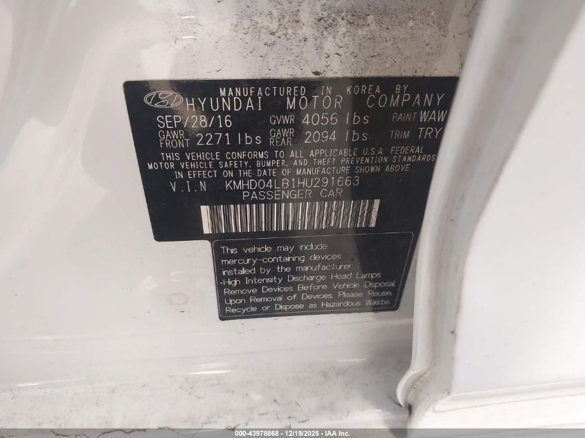 2017 Hyundai Elantra Sport VIN: KMHD04LB1HU291663 Lot: 43978868