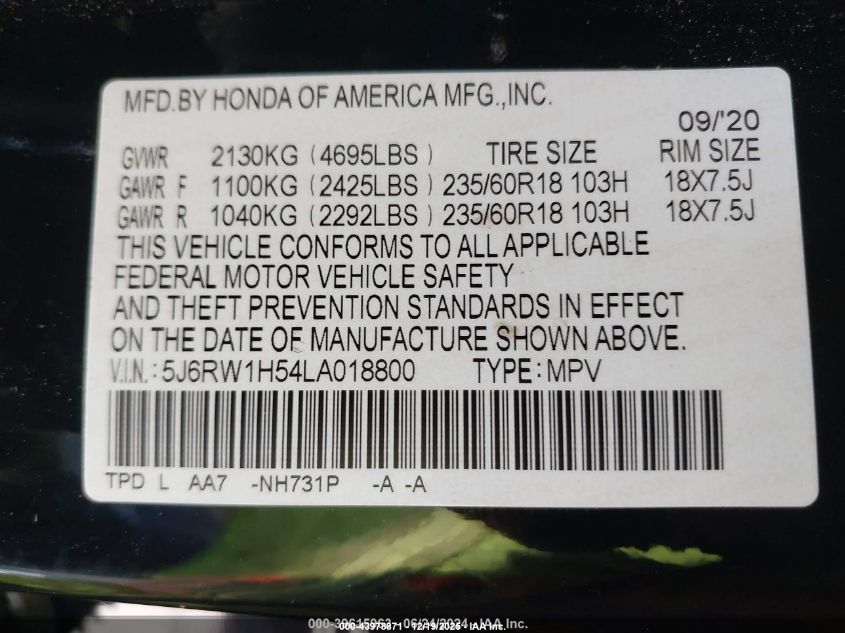 2020 Honda Cr-V 2Wd Ex VIN: 5J6RW1H54LA018800 Lot: 43978871