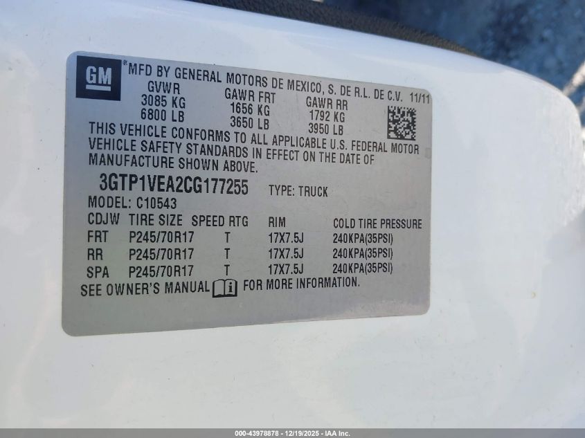 2012 GMC Sierra 1500 Sle VIN: 3GTP1VEA2CG177255 Lot: 43978878