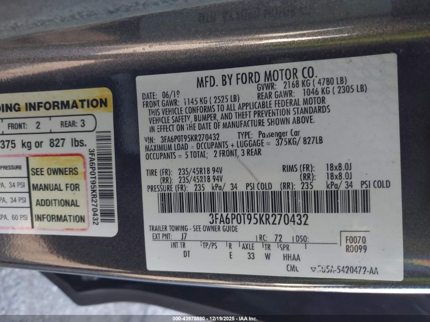 2019 Ford Fusion Se VIN: 3FA6P0T95KR270432 Lot: 43978880